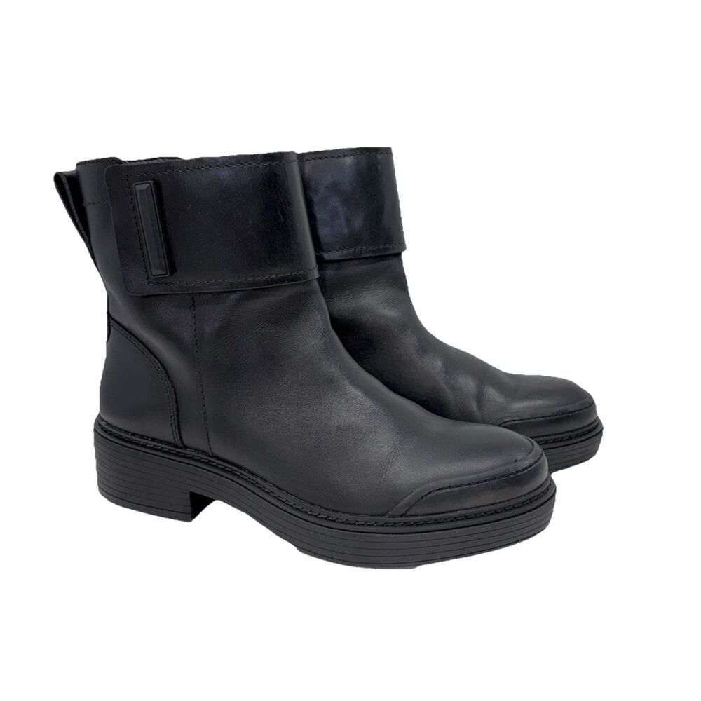 Franco Sarto Karrie Black Leather Ankle Boots Womens Block Heel Side Zip Sz 8.5